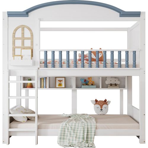 Etagenbett mit Fallschutz und Gitter Dach und Fenster Vierstufiger Leiter Kinderbett Hausbett Jugendbett 90x200cm Weiß+Blau
