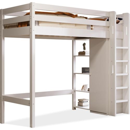 Kinderbett Hochbett,Einzel Bettgestel mit Kleiderschrank und 6 Regalen, Hochwertiges Material, Leicht zu Montieren,Stabil und Langlebig