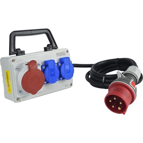 RoadEu - CEE Steckdose 16A und 2x Schuko Verteiler - Steckdosenverteiler - Stromverteiler 16A, Mobilverteiler - Stromkabel 15 meter - Baustromverteile