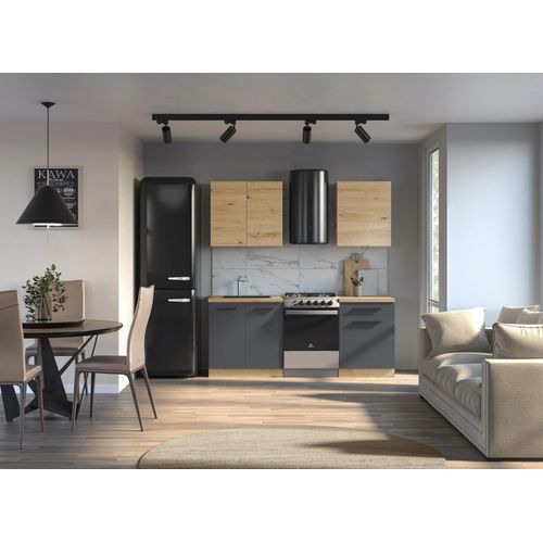 Küchenzeile 140 cm ohne Arbeitsplatte Küchenblock Einbauküche, Langen K14-M140 Artisan/Grau