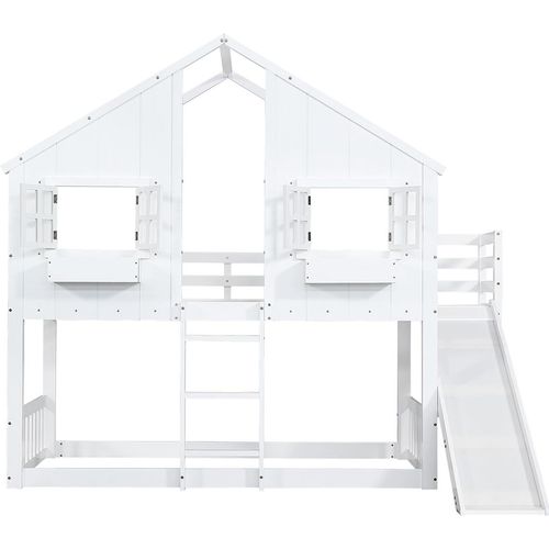 Etagenbett mit Kinderrutsche Dach und Fenster Fallschutzgitter Dreistufiger Leiter Kinderbett Hausbett Jugendbett 90x200cm Weiß