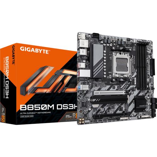 GIGABYTE B850M DS3H Motherboard - AMD Ryzen 9000 Serie CPUs, 16+2+2 Phasen Digital VRM, bis zu 8200MHz DDR5 (OC), 1xPCIe 5.0 + 1xPCIe 4.0 M.2, 2.5 LAN, USB 3.2 Gen 2
