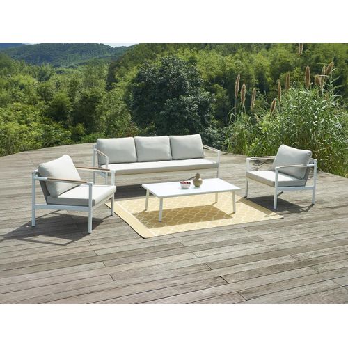 Garten-Sitzgruppe: 1 Sofa 3-Sitzer, 2 Sessel & 1 Tisch - Aluminium - Weiß & beigefarbene Kissen - LAKIT von MYLIA