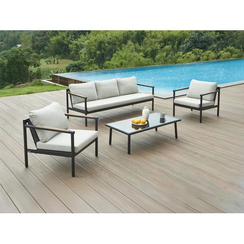 Garten-Sitzgruppe: 1 Sofa 3-Sitzer, 2 Sessel & 1 Tisch - Aluminium - Schwarz & beigefarbene Kissen - LAKIT von MYLIA