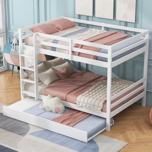 Etagenbetten, Kinderbetten, Etagenbetten mit Ausziehbett, Hohe Geländer, Treppe, 140*200cm