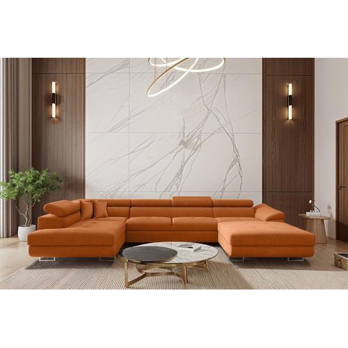 Wohnlandschaft Schlafsofa Sofa CARMELO in Stoff Nova Orange Ottomane Rechts