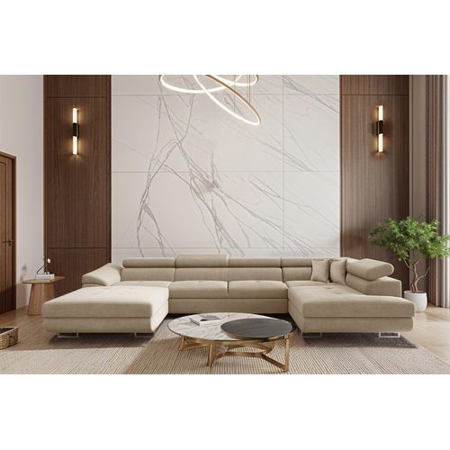 Wohnlandschaft Schlafsofa Sofa CARMELO in Stoff Nova Beige Ottomane Links