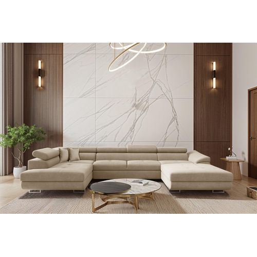 Wohnlandschaft Schlafsofa Sofa CARMELO in Stoff Nova Beige Ottomane Rechts