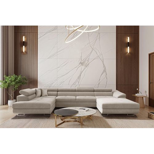 Wohnlandschaft Schlafsofa Sofa CARMELO in Stoff Nova Hellgrau Ottomane Rechts