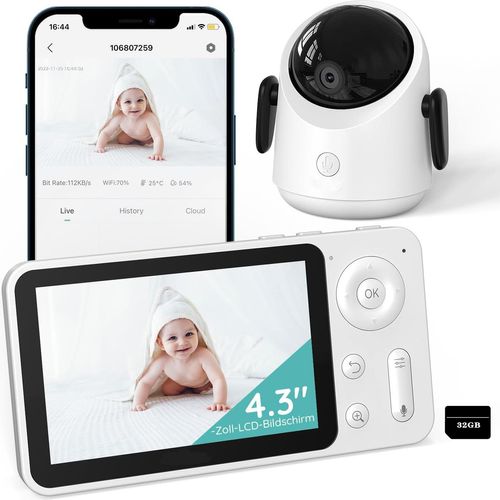 Babyphone mit Kamera, 360° PTZ 2MP Video Babyfon mit App, 4×Zoom, IR Nachtsicht, Weinen/Bewegungs/Geräuscherkennung, Temperaturerkennung, mit 32GB