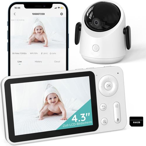 Babyphone mit Kamera, 360° Wlan 2MP Video Babyfon mit App, 4×Zoom, IR Nachtsicht, Weinen/Bewegungs/Geräuscherkennung, Temperaturerkennung, mit 64GB