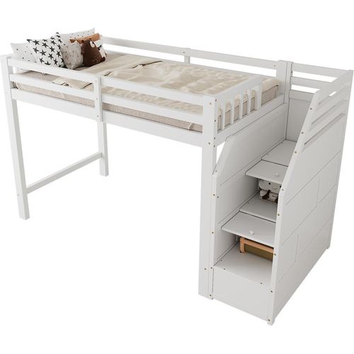 Hochbett, 90x200cm, Bett mit Lattenrost (ohne Matratze)Geländer,Verstaubare Stufen,Freier Raum zum Verkleiden nach Belieben, EN747
