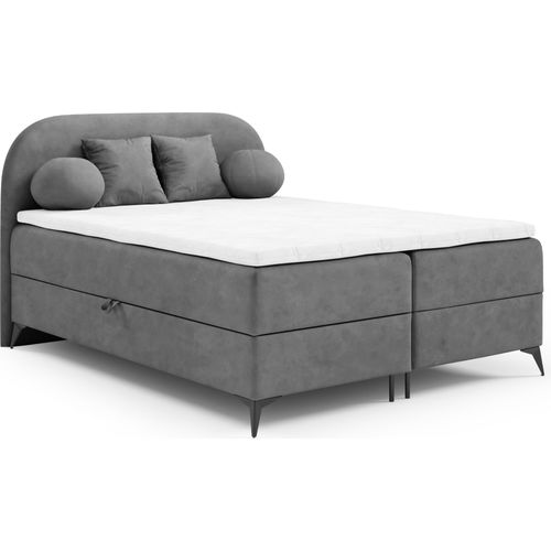 Boxspringbett 180x200 JASMINE von ANTONIO mit Bettkästen und Topperr, Doppelbett mit Bonell Federkernmatratze, Härtegrad H4 Samtbezug in Dunkelgrau