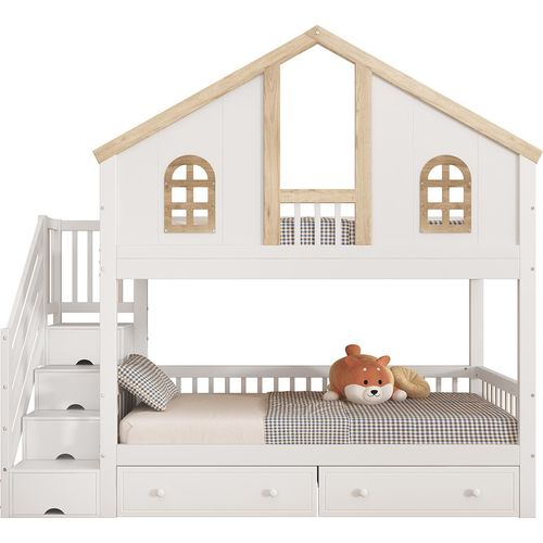 Etagenbett mit Farblich Abgesetztem Fallschutzgitter Fenster Schubladen und Vierstufigen Schrägleiter Kinderbett Hausbett 90x200cm Weiß+Natur