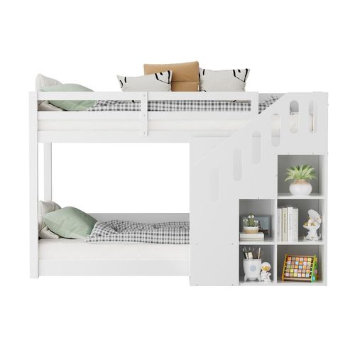 Kinder-Etagenbett,Doppelbett, multifunktionales Kinderbett, Mit Treppen und Schließfächern,stabiles Geländer, ohne Matratze, 90*200cm, Weiß