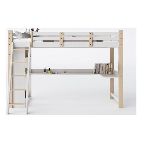 Hochbett 90x200 cm (Ohne Matratze) Kinderbett Weiss Mit Schutzleisten und Lattenrost Mit Schraegleiter Integriertem Schreibtisch und Regalen