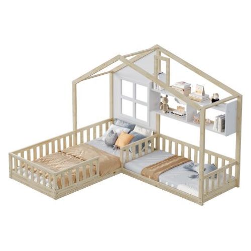 Kinderbett 90x200 cm (Ohne Matratze) Holzfarbe Hausbett Mit Fenster Schornstein und Regalen Raumhoher Massivholz-Bettkasten Mit Sicherheitsgitter