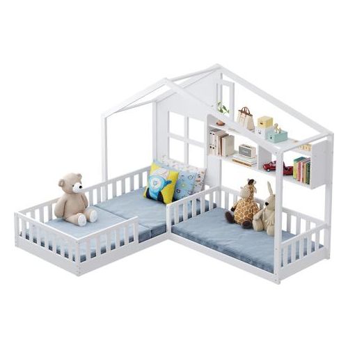 Kinderbett 90x200 cm (Ohne Matratze) Weiss Hausbett Mit Fenster Schornstein und Regalen Raumhoher Massivholz-Bettkasten Mit Sicherheitsgitter