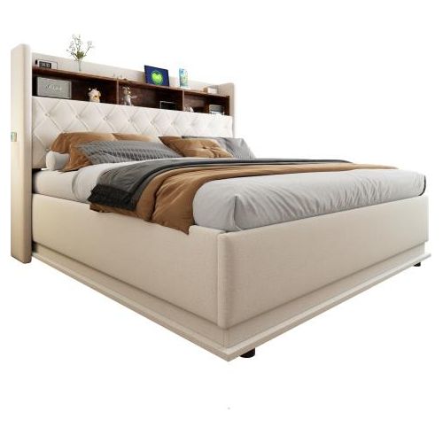 Polsterbett 180x200cm (Mit Matratze) Beige Mit USB Oplaadpunt LED Hydraulisch Stauraum
