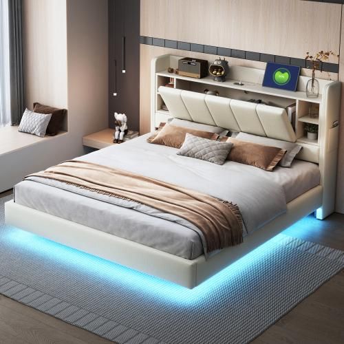 Polsterbett 160x200cm (Mit Matratze) Beige Mit USB Oplaadpunt Lichtbalk Wendbar Kopfteil