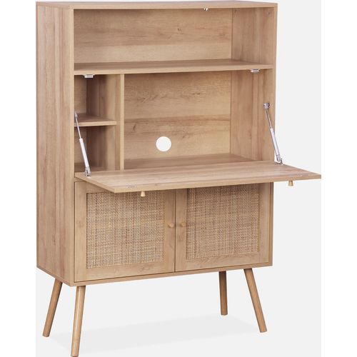 sweeek - Schreibschrank / Sekretär, 2 Türen und Regale, Holzeffekt und Rohrgeflecht - Natur