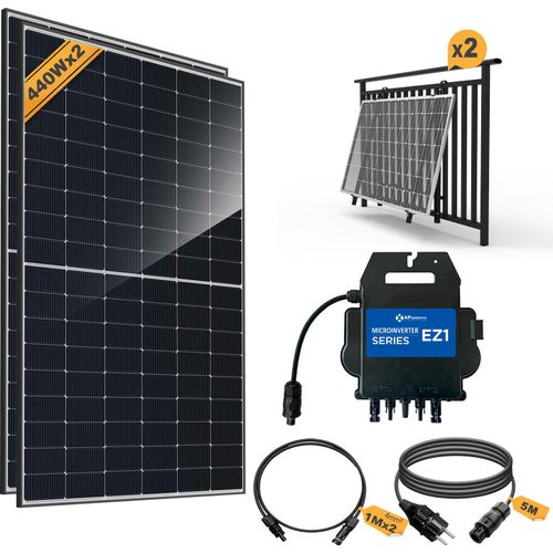Balkonkraftwerk 800W_APsystems EZ1-M 800 + JA Solar 440W Solarmodul + 5m auf Schuko Netzanschlusskabel + Alu Befestigung Schwarz verstellbar, 0% MwSt
