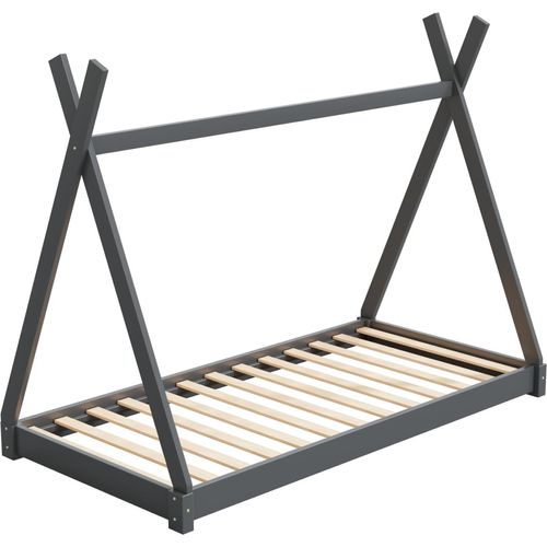 HAGO24 Kinderbett 200x90cm Grau Tipibett Holz Kiefer Bettgestell Tipi-Zelt Lattenrost Dekorierbar Spielbett Montessori-Stil