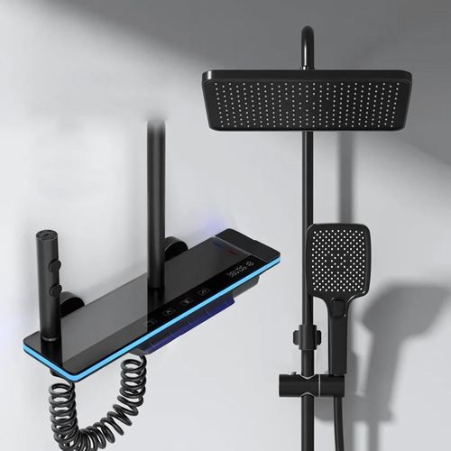 Duschsystem schwarz, Regendusche, smarte Regendusche mit Wasserfall, LED-Beleuchtung & Display, Badarmatur Regendusche schwarz, Duscharmatur LED