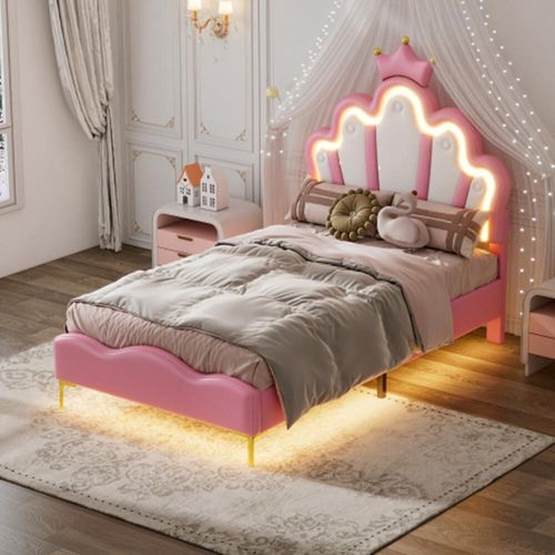 Kinderbett 90*200cm,kronenförmiges bett mit erstellbarer LED-Umgebungslichtstreifen, Rosa