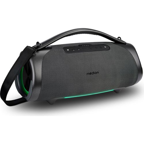 MEDION P61768 tragbarer Bluetooth Lautsprecher (Akku, Bass Boost, Musikbox, RGB Lichteffekte, IPX7 Wasserschutz & robust, integrierte Powerbank, 100W (RMS) total, 2X 25W + 50W) Anthrazit
