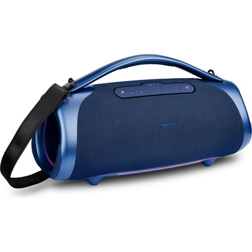 MEDION P61768 tragbarer Bluetooth Lautsprecher (Akku, Bass Boost, Musikbox, RGB Lichteffekte, IPX7 Wasserschutz & robust, integrierte Powerbank, 100W (RMS) total, 2X 25W + 50W) Blau