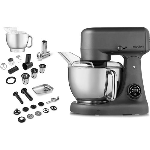 MEDION Küchenmaschine (Fleischwolf, 4,6 Liter Edelstahlschüssel, leiser Gleichstrommotor, 800 Watt, Reiben Raspeln Schneiden, Digitales Sensor Touch Display, Knetmaschine, Teigmaschine, MD12600) titan