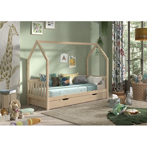 VIPACK - CABANE Hausbett 90x200 cm, seitlicher Umrandung, Bettschublade, Kiefer massiv natur