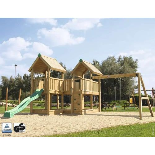 Spielhaus mit Stelzen P6S Douglasie HY-Land 680 x 780 cm Holz Grundturm, Kletterwand, Klettersteine, Sandkasten, 2 Brettschaukeln, Abdeckplane