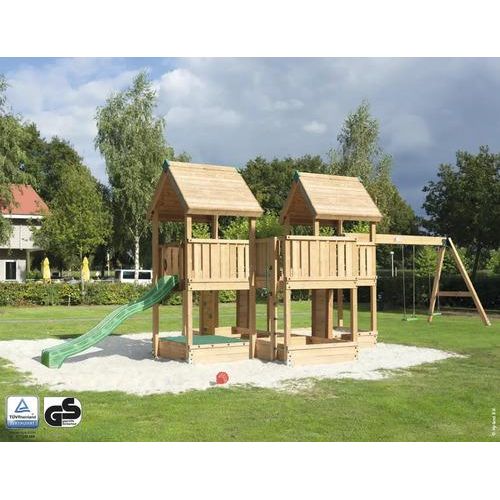 Spielhaus mit Stelzen P7S Douglasie HY-Land 1140 x 440 cm Holz Grundturm, Sandkasten, 2 Brettschaukeln, Abdeckplane, Klettersteine, Kletterwand, Rutsche