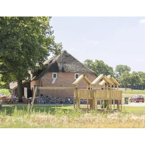 Spielhaus mit Stelzen P8S Douglasie HY-Land 680 x 920 cm Holz 2 Brettschaukeln, Abdeckplane, Schaukel, Sandkasten, Rutsche, Dacheindeckung, Grundturm, Kletterwand, Klettersteine