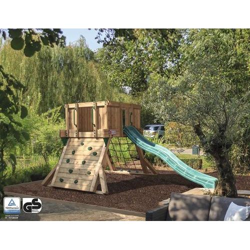 Spielhaus mit Stelzen Q1 Douglasie HY-Land 430 x 310 cm Holz Grundturm, Kletterwand, Klettersteine, Rutsche, Sandkasten, Kletternetz