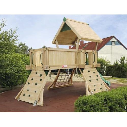 Spielhaus mit Stelzen Q3 Douglasie HY-Land 650 x 310 cm Holz Grundturm, Rutsche, Klettersteine, Kletterwand, Kletternetz, Dacheindeckung