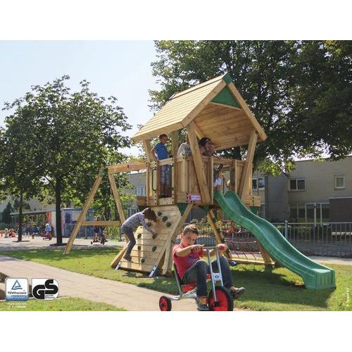 Spielhaus mit Stelzen Q2S Douglasie HY-Land 880 x 310 cm Holz Grundturm, Rutsche, 2 Brettschaukeln, Schaukel, Kletterwand, Kletternetz, Klettersteine