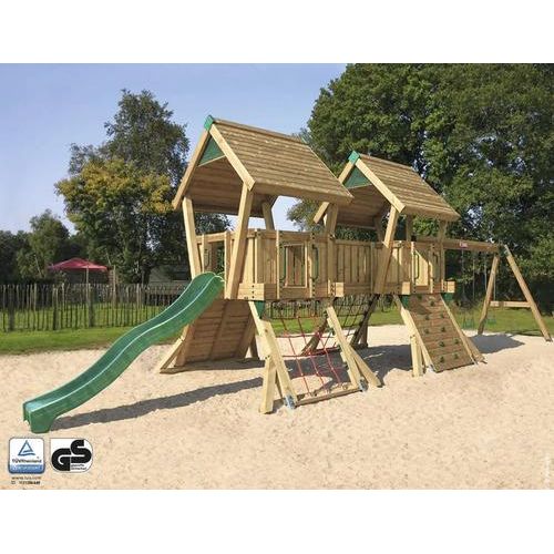 Spielhaus mit Stelzen Q4S Douglasie HY-Land 1200 x 310 cm Holz Grundturm, Rutsche, Schaukel, Kletterwand, Kletternetz, Dacheindeckung, Klettersteine, 2 Brettschaukeln