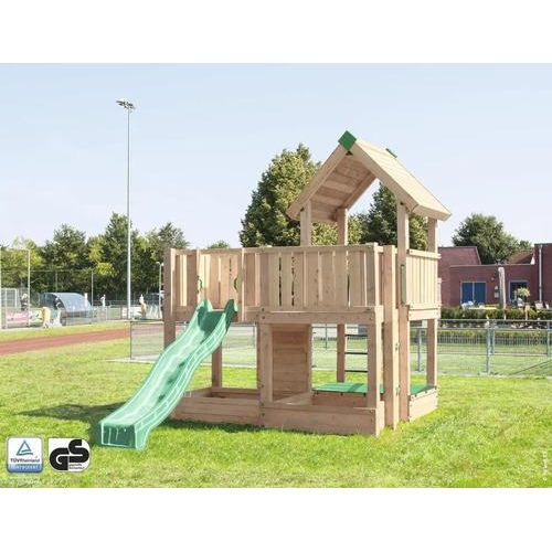 Spielhaus mit Stelzen P5 Douglasie HY-Land 540 x 320 cm Holz Kletternetz, Rutsche, Sandkasten, Kletterwand, Abdeckplane, Dacheindeckung, Klettersteine, Grundturm