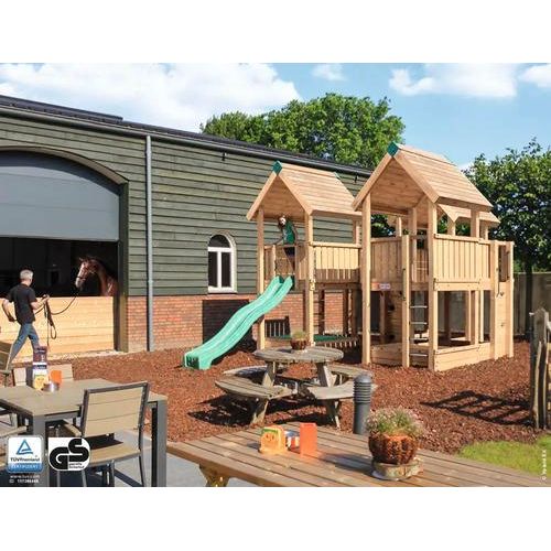 Spielhaus mit Stelzen P8 Douglasie HY-Land 680 x 470 cm Holz Sandkasten, Abdeckplane, Dacheindeckung, Grundturm, Klettersteine, Rutsche, Kletterwand
