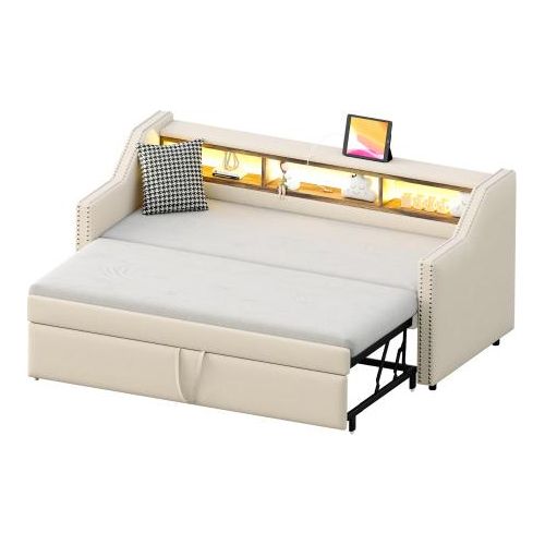 Schlafsofa 90/180x190cm Ohne Matratze Beige Leinen Mit LED USB Staufach Lattenrost Ausziehbar