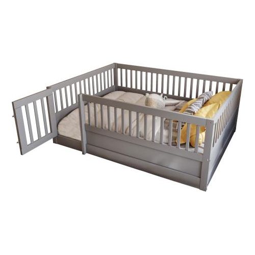 Kinderbett 140x200cm Ohne Matratze Grau Holz Mit Gitter Tuer