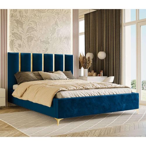 Polsterbett Hege 140x200, Doppelbett mit Bettkasten, Ehebett, Gold Leisten spiegelähnliche, Gasdruckfeder, Lattenrost Samt Piano 28 Dunkelblau