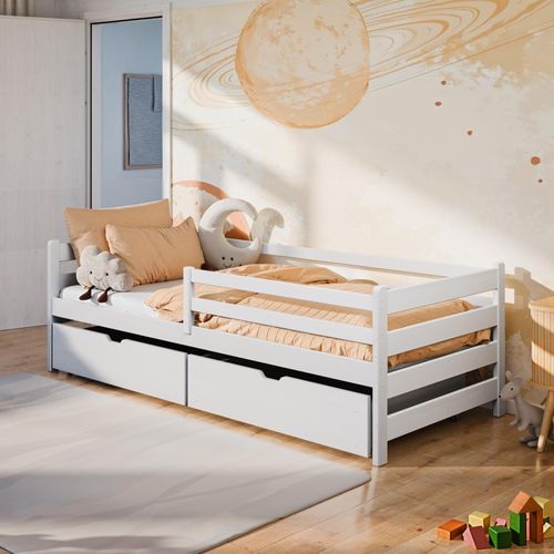 Kinderbett 90x200 cm mit zwei Schubladen, Rausfallschutz und Lattenrost Vollholz massiv, in weiss