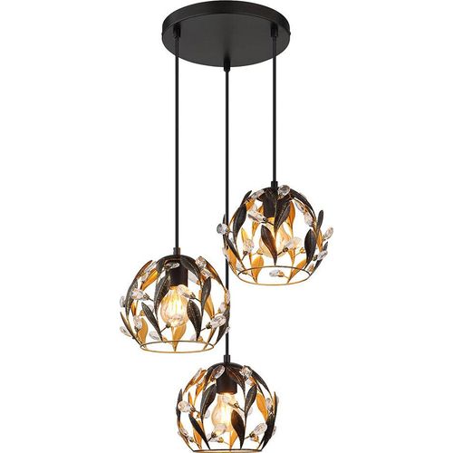 Pendelleuchte, Metall, Schwarz, Gold, Kristalle