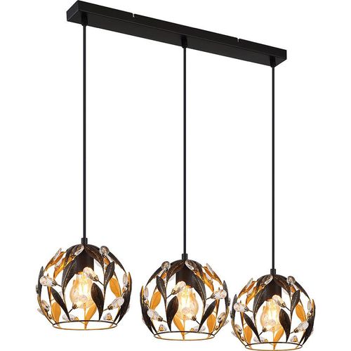 Pendelleuchte, Metall, Schwarz, Gold, Kristalle