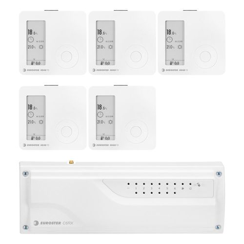 EUROSTER Funk Fußbodenheizung Steuerung für 5 Räume. Inhalt: Controller für 230 V Stellantriebe (NC) und 5 batteriebetriebene Wandthermostate – Weiß