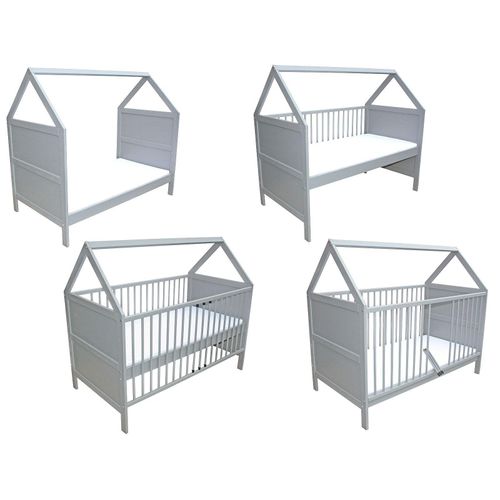Babybett Kinderbett Juniorbett Beistellbett Bett Haus 140x70 cm umbaubar mit Matratze grau